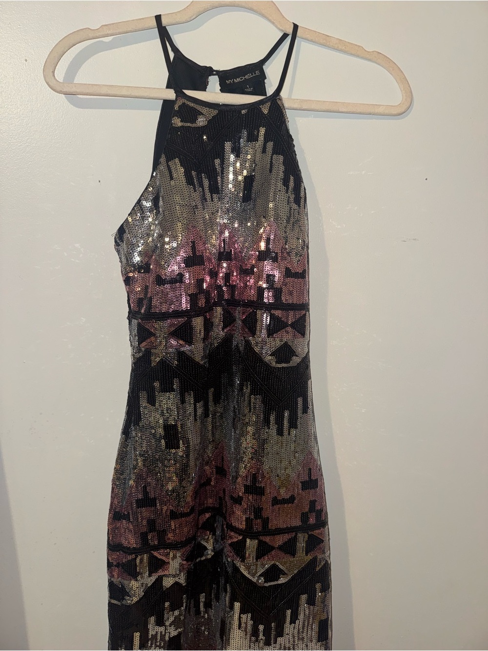 My Michelle Black Sequin Halter Dress with Gold & Pink Accents